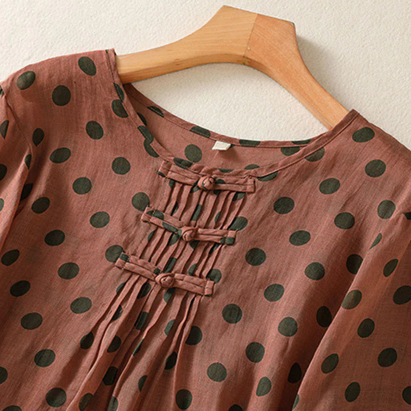 Buddha Stones Fall Round Neck Polka Dots Long Sleeve Women's Polyester Shirt