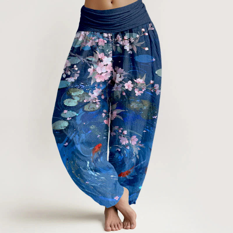 Buddha Stones Pure Cotton Sakura Blossoms Koi Fish Lotus Leaves Women's Elastic Waist Harem Pants