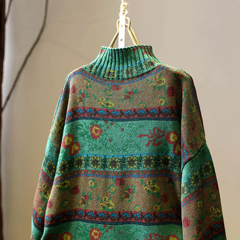 Buddha Stones Winter Color-block Flower Pattern Mock Neck Long Sleeve Women's Cotton Sweater
