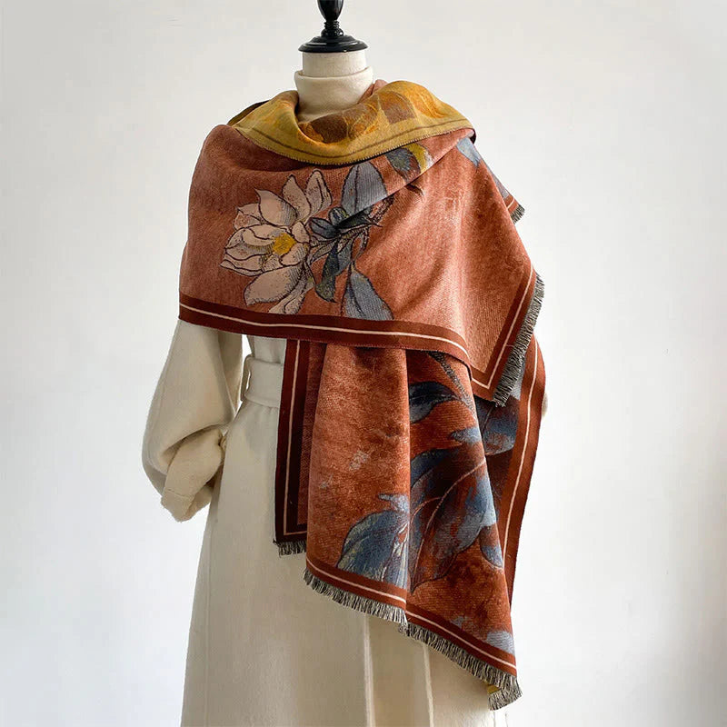 Buddha Stones Winter White Magnolia Flowers Little Bird Pattern Warm Cozy Scarf Shawl
