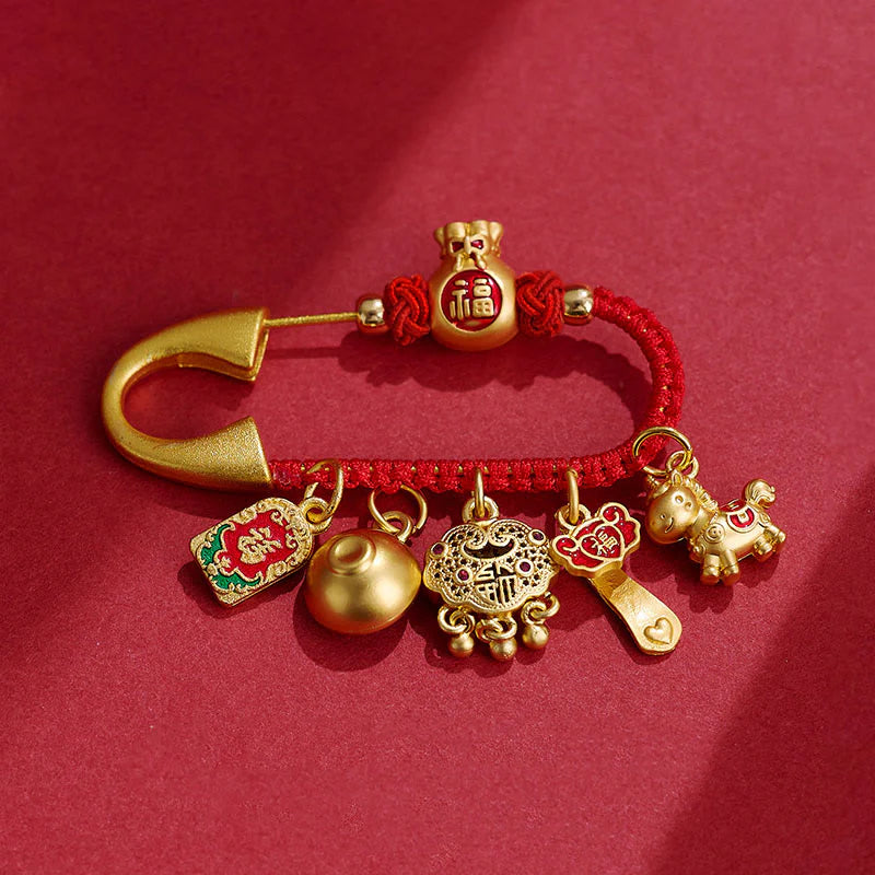 Buddha Stones Year Of The Horse Charm Fu Character Attract Fortune Ruyi Handle Brass Luck Brooch