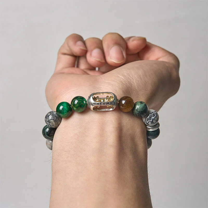 Buddha Stones Natural Grey Jasper Kambamba Jasper Tiger Eye Om Mani Padme Hum Protection Bracelet