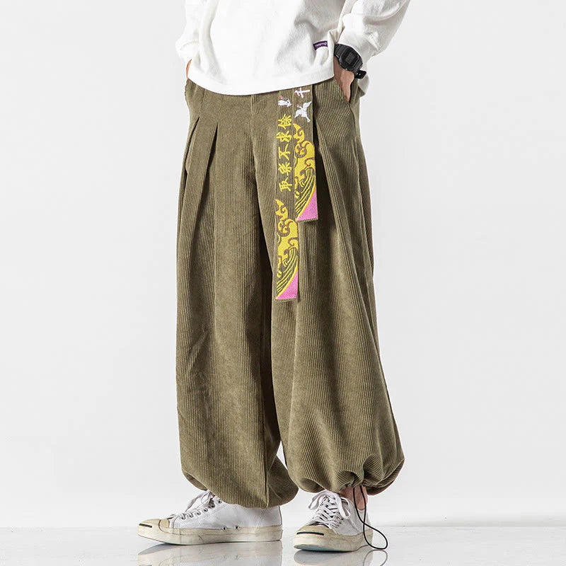 Buddha Stones Fall Winter Lace-up Chinese Character Embroidery Men's Corduroy Pants With Pockets