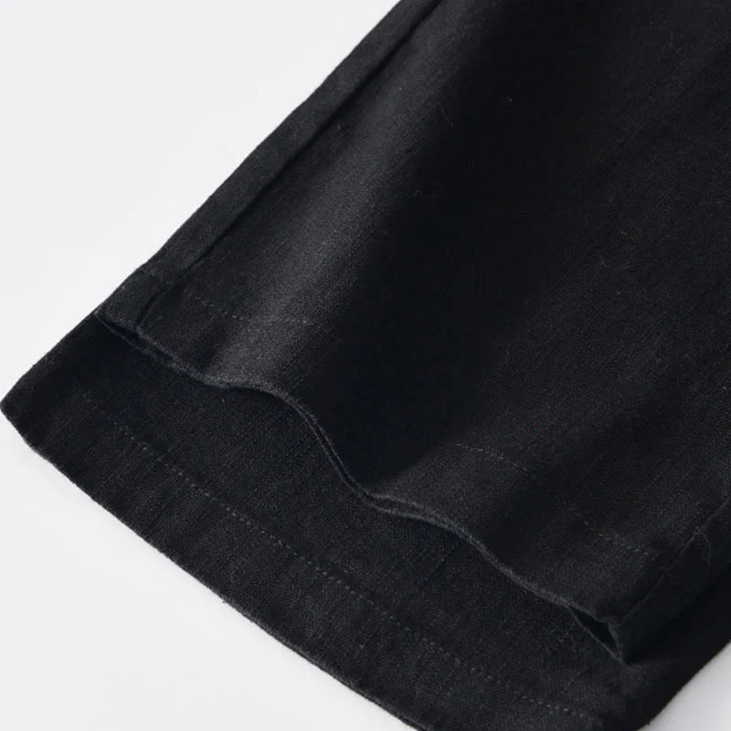 Buddha Stones Fall Solid Drawstring Zipper Men's Linen Wide Leg Pants With Pockets