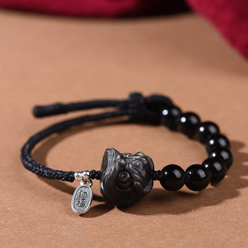 FREE Today: Soothing Strength Black Obsidian Silver Sheen Obsidian Cute Cat Dancing Lion Bracelet