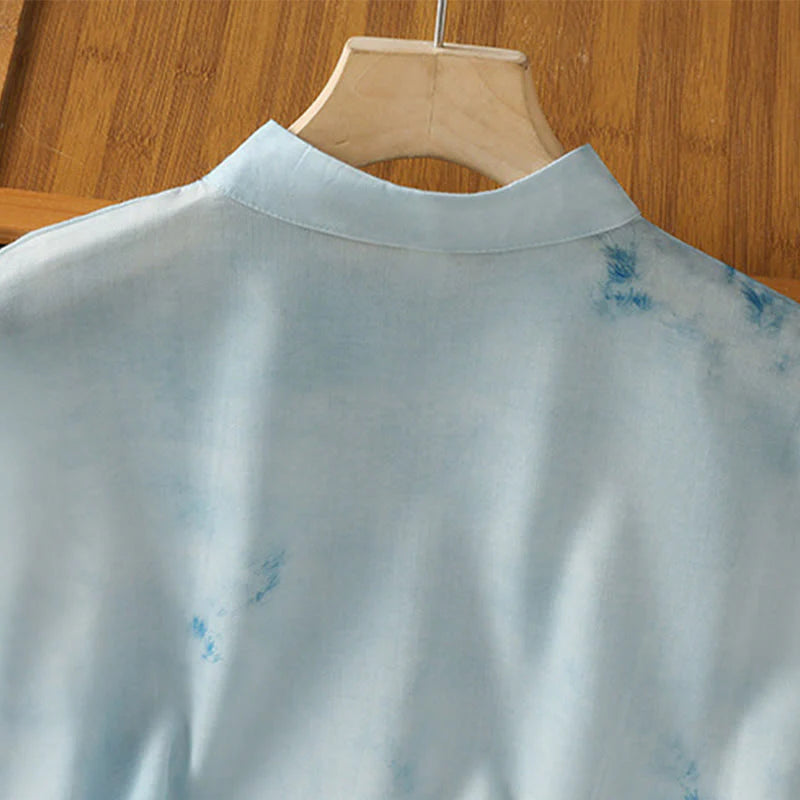 Buddha Stones Light Blue Frog-Button Sleeveless Women's Shirt