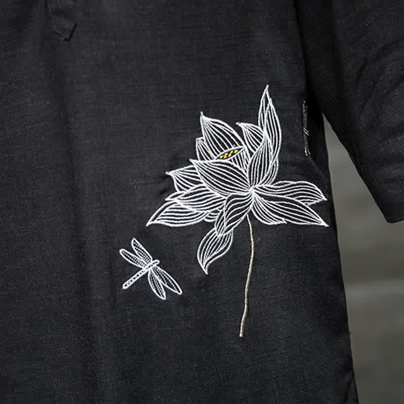 Buddha Stones Summer Embroidered Lotus Dragonfly Pattern Chinese Frog-Button Men's Short Sleeve T-shirt