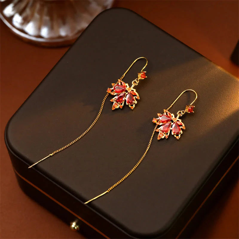 Buddha Stones Maple Leaf Red Zircon Copper Luck Drop Dangle Earrings