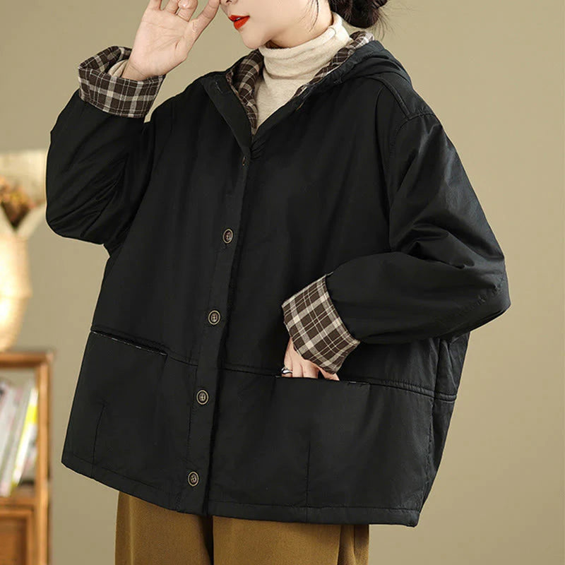 Buddha Stones Plaid Hoodie Pattern Women's Long Sleeve Cotton Thickened Jacket With Pockets