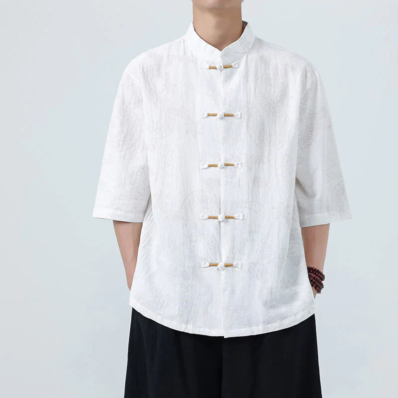 Buddha Stones Summer Dragon Auspicious Clouds Pattern Tang Suit Men's Frog-Button Half Sleeve Cotton Shirt