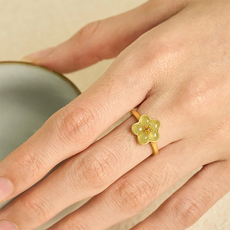 Buddha Stones Plum Blossom Hetian Jade Copper Luck Ring