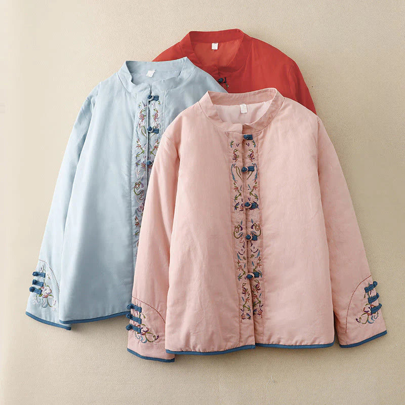 Buddha Stones Winter Flower Embroidery Frog-Button Long Sleeve Women's Thermal Jacket