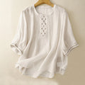 Buddha Stones Embroidery Crew Neck Pleats Women's Cotton Linen Half Sleeve T-shirt