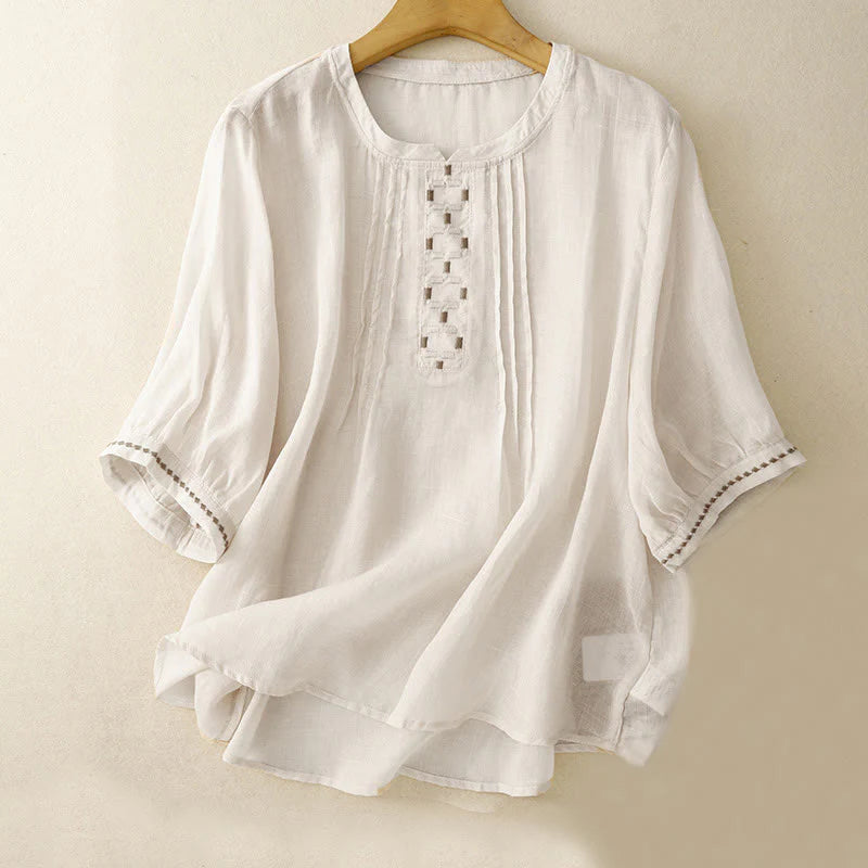 Buddha Stones Embroidery Crew Neck Pleats Women's Cotton Linen Half Sleeve T-shirt
