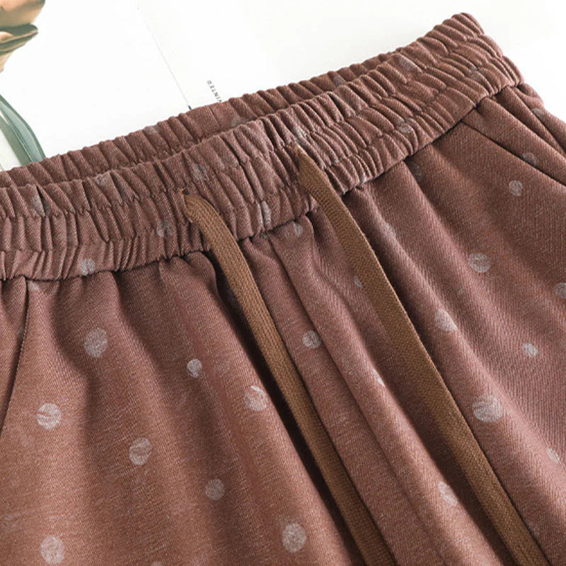 Buddha Stones Casual White Dots Pattern Polyester Women's Wide Leg Pants With Pockets