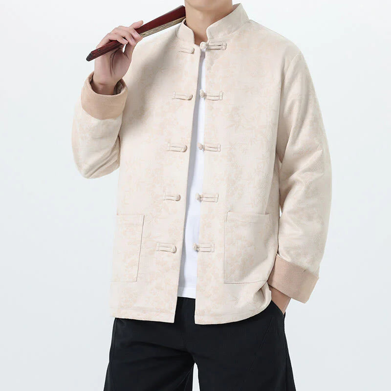 Buddha Stones Fall Jacquard Bamboo Frog-button Long Sleeve Men's Cotton Jacket With Pockets