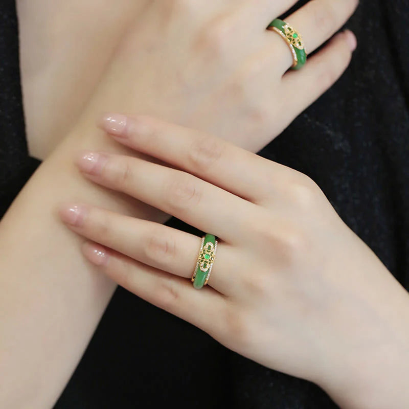 Buddha Stones 18K Gold Plated Natural Green Chalcedony Strength Ring