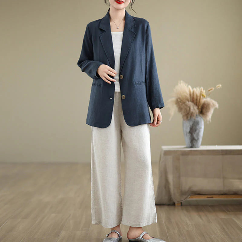 Buddha Stones Spring Solid Color Long Sleeve Cotton Linen Women's Jacket With Pockets