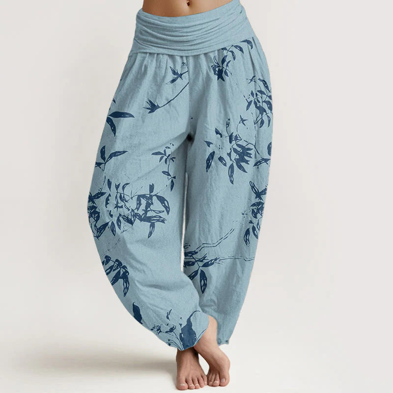 Buddha Stones Pure Cotton Branch Pattern Women's Elastic Waist Harem Pants