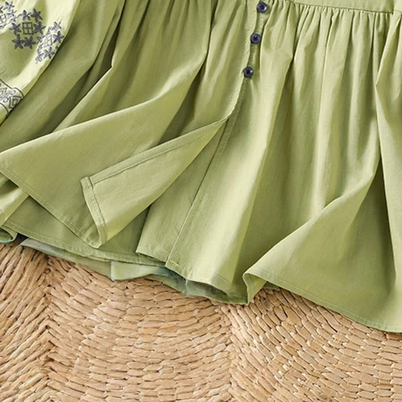 Buddha Stones Embroidery Pleated Buttons Long Lantern Sleeve Women's Cotton Shirt