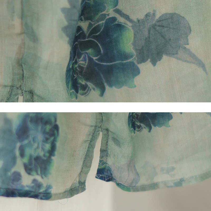 Buddha Stones PLUS SIZE Blue Jacaranda Flower Design Three Quarter Sleeve Ramie Linen Shirt
