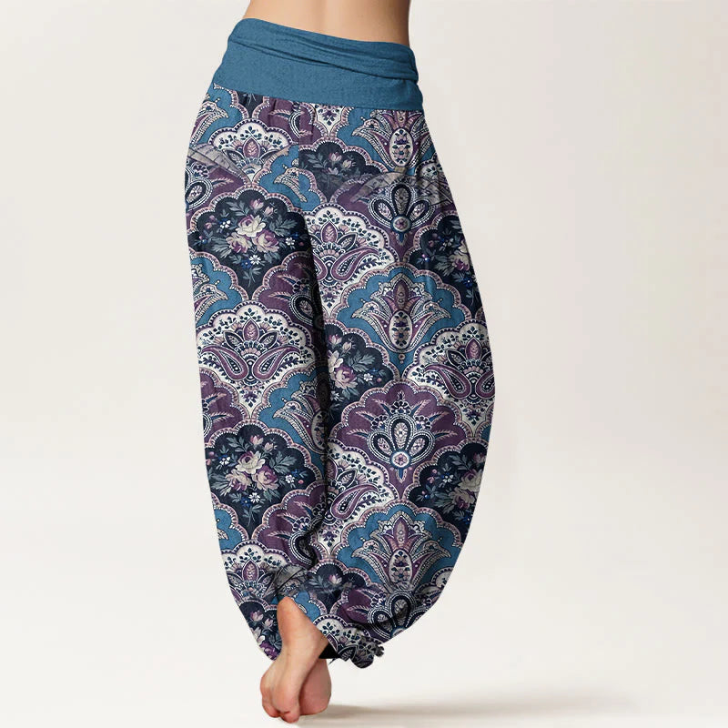 Buddha Stones Cotton Repetitive Fan Shape Flowers Leaves Pattern Women's Elastic Waist Harem Pants