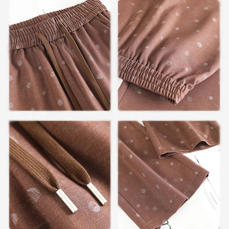 Buddha Stones Casual White Dots Pattern Polyester Women's Wide Leg Pants With Pockets