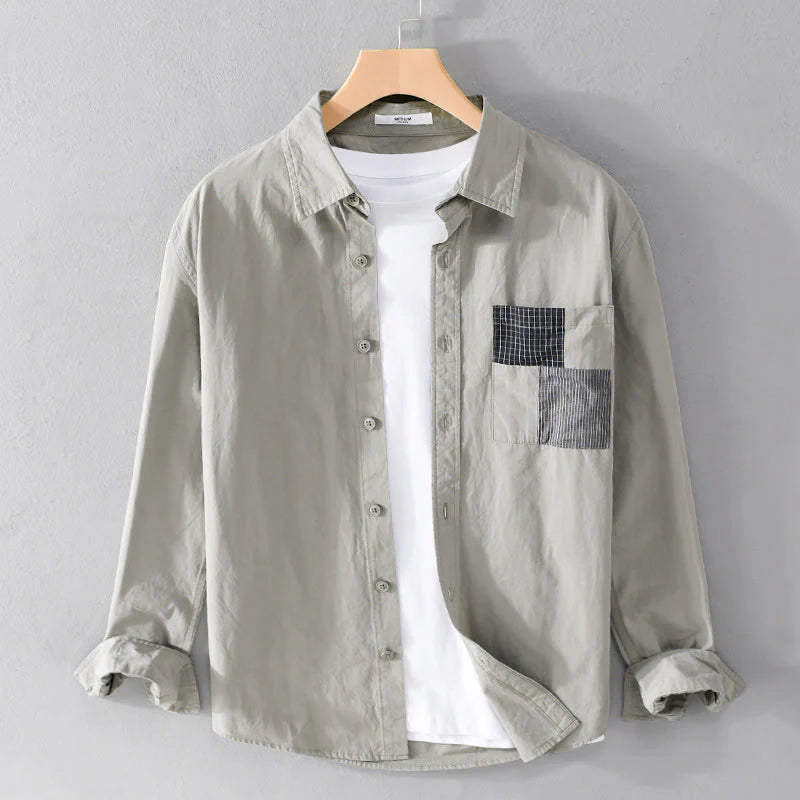 Buddha Stones Fall Square Color Blocking Decorative Pocket Buttons Down Stand Collar Long Sleeve Men's Cotton Shirt