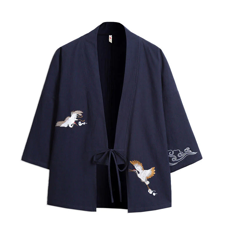 Buddha Stones White Crane Auspicious Clouds Embroidery Three Quarter Sleeve Men's Kimono