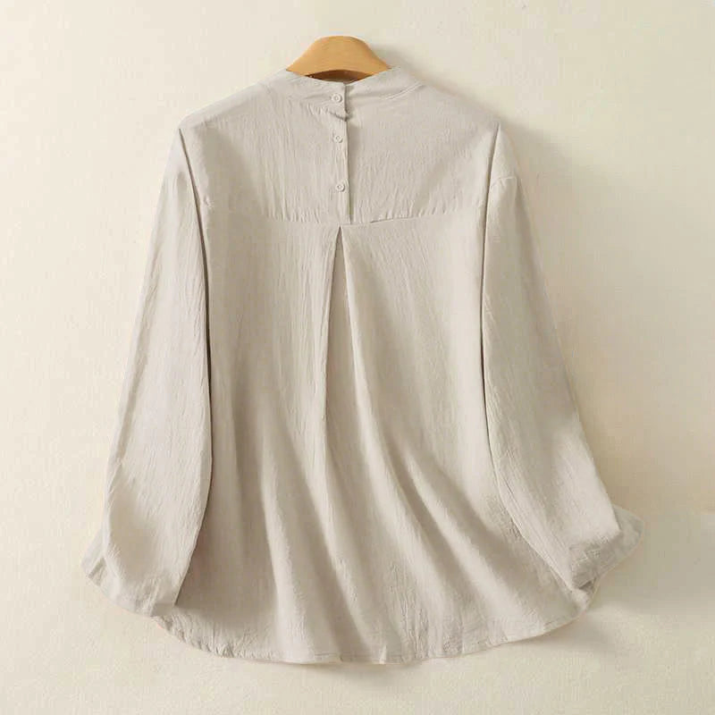 Buddha Stones Fall Plain Crew Neck Back Three Buttons Design Women's Cotton Long Sleeve Shirt