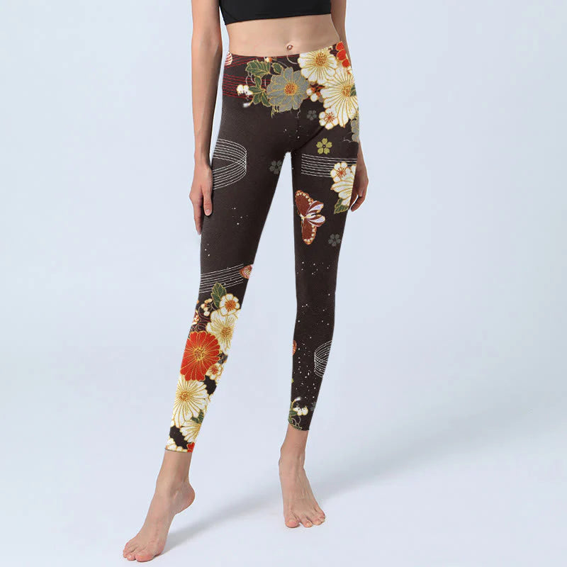 Buddha Stones Floral Butterfly Pattern Print Gym Leggings Women's Yoga Pants