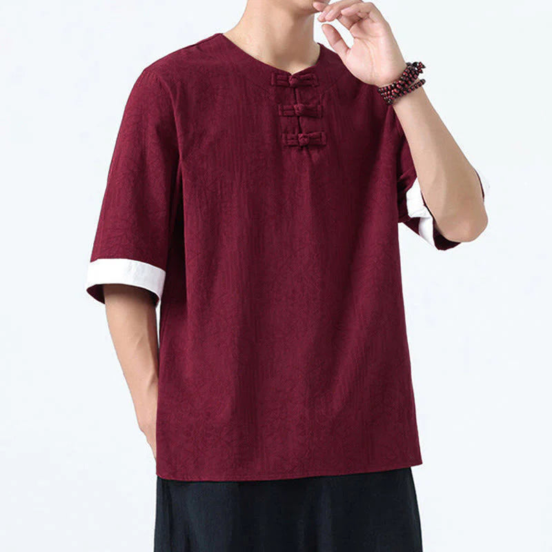 Buddha Stones Summer Flowers Grass Pattern Tang Suit Men's Frog-Button Half Sleeve Cotton Shirt