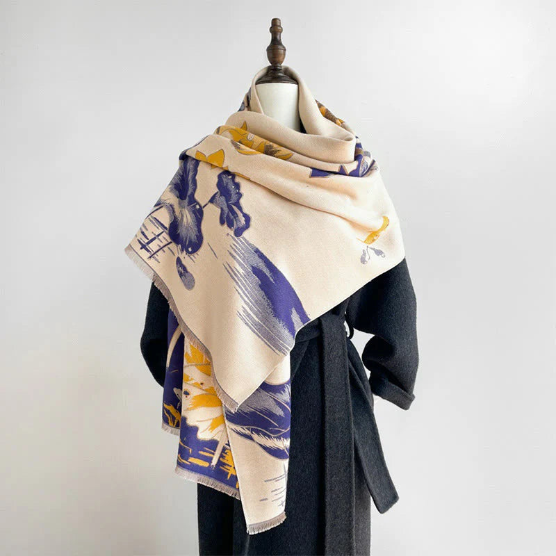 Buddha Stones Fall Lotus Koi Fish Dragonfly Pattern Cozy Scarf Shawl