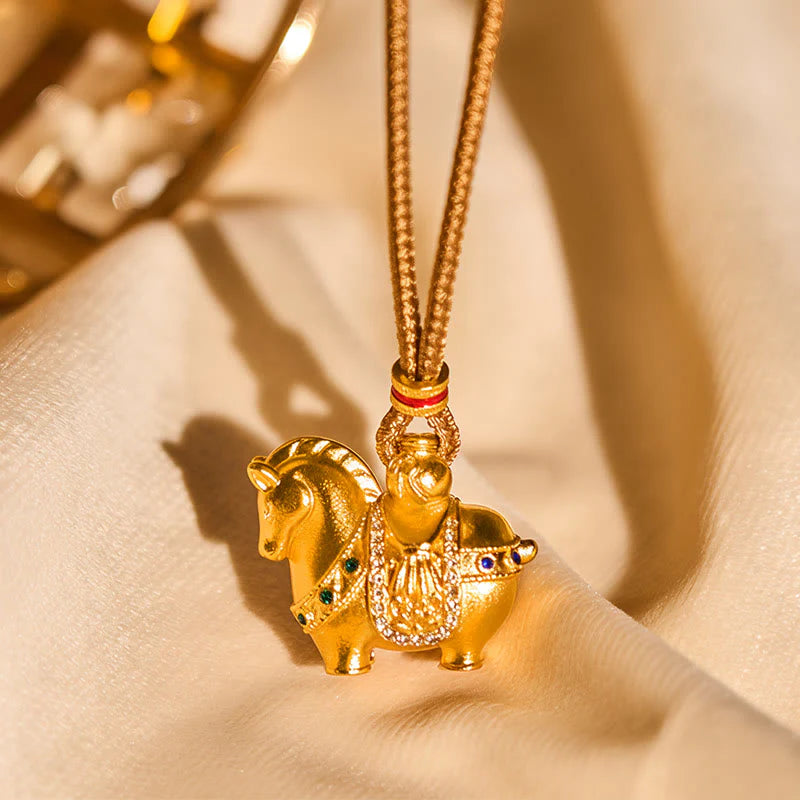 Buddha Stones Year Of The Horse 24k Gold Plated Brass Rope Cord Necklace Pendant