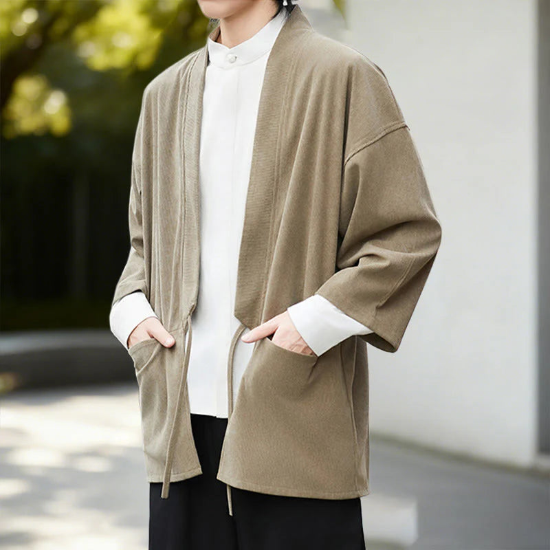 Buddha Stones Solid Color Open Front Long Sleeve Corduroy Jacket Men's Kimono Cotton Linen Shirt