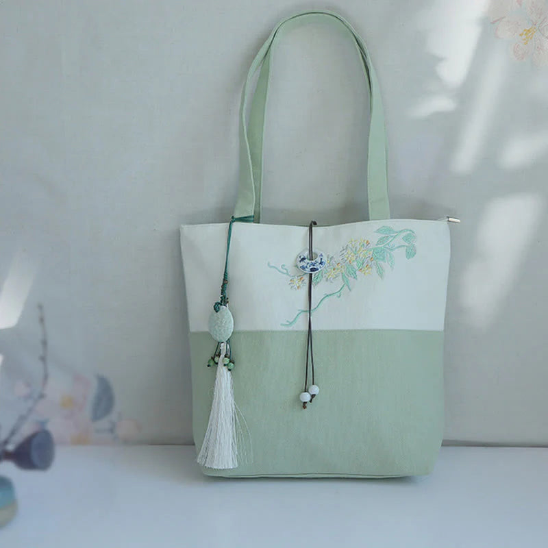 Buddha Stones Pear Flower Plum Peach Blossom Bamboo Embroidery Canvas Large Capacity Shoulder Bag Tote Bag