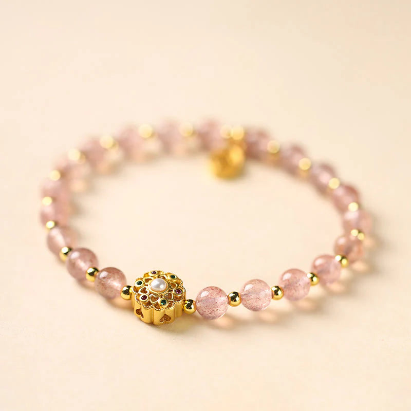 Buddha Stones 14K Gold Plated Natural Strawberry Quartz Labradorite Sun Stone Fu Character Positive Charm Bracelet