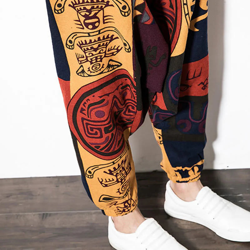 Buddha Stones Red Brown Graffiti Bird Print Men's Harem Pants With Pockets