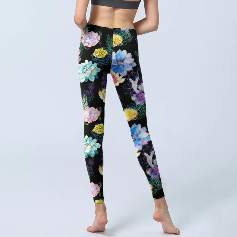 Buddha Stones Colorful Watercolor Style Flower Pattern Print Gym Leggings Women's Yoga Pants