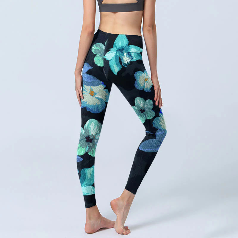 Buddha Stones Green Blue Floral Print Exercise Leggings Women's Yoga Pants