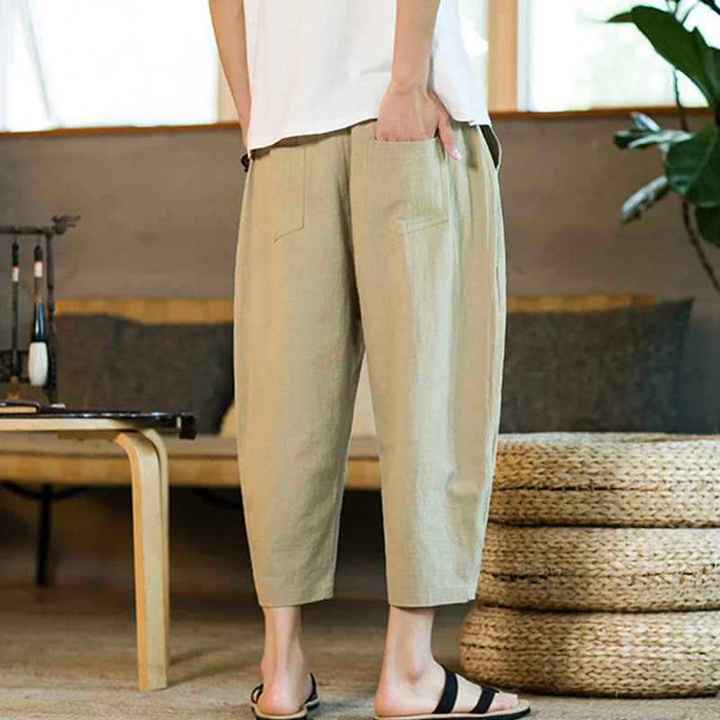Buddha Stones Simple Design Drawstring Cotton Linen Men's Solid Color Harem Pants With Pockets