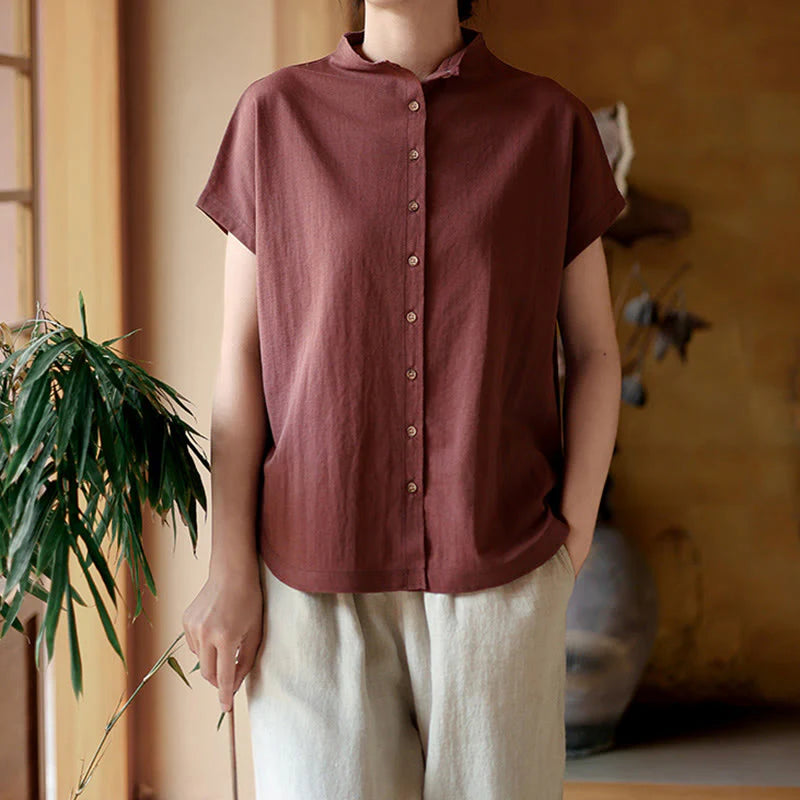 Buddha Stones Vintage Buttons Design Stand Collar Cotton Short Sleeve Women's Shirt