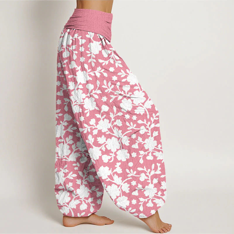 Buddha Stones Pure Cotton White Flowers Leaves Stars Pattern Women's Elastic Waist Harem Pants