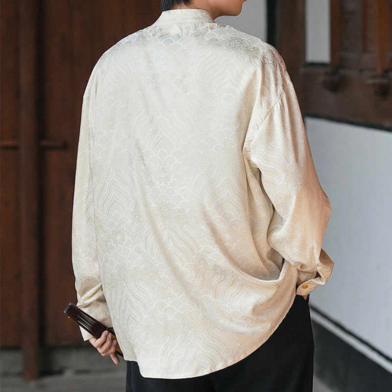 Buddha Stones Chinese Frog-Button Bamboo Shape Design Stand Collar Men's Long Sleeve Shirt