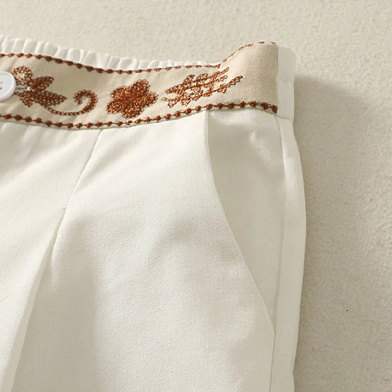 Buddha Stones Women's Embroidery Elastic Waistband Zipper Design Cotton Wide Leg Pants With Pockets
