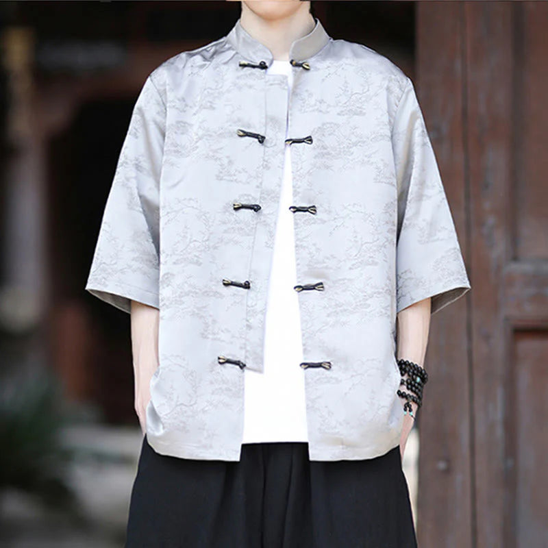 Buddha Stones Summer Pine Tree Mountain Pattern Half Sleeve Frog-Button Design Men's Shirt