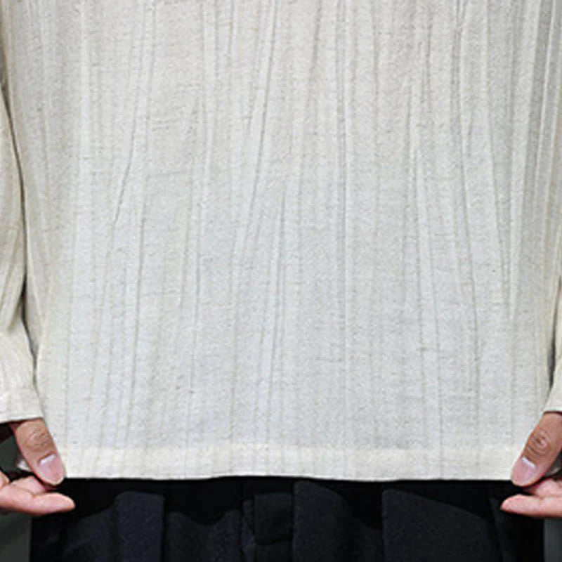 Buddha Stones Plain V-Neck Long Sleeve Men's Linen Shirt