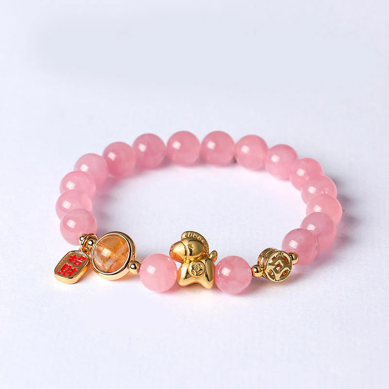Buddha Stones Year Of The Horse Natural 8mm Black Obsidian Red Agate Pink Crystal Strength Bracelet