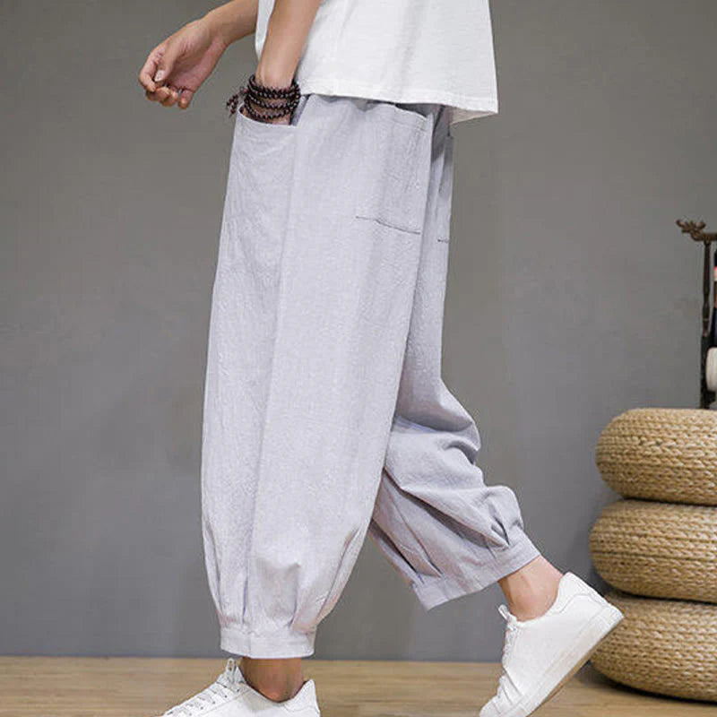 Buddha Stones Casual Plain Men's Cotton 7-8 Length Harem Pants With Pockets