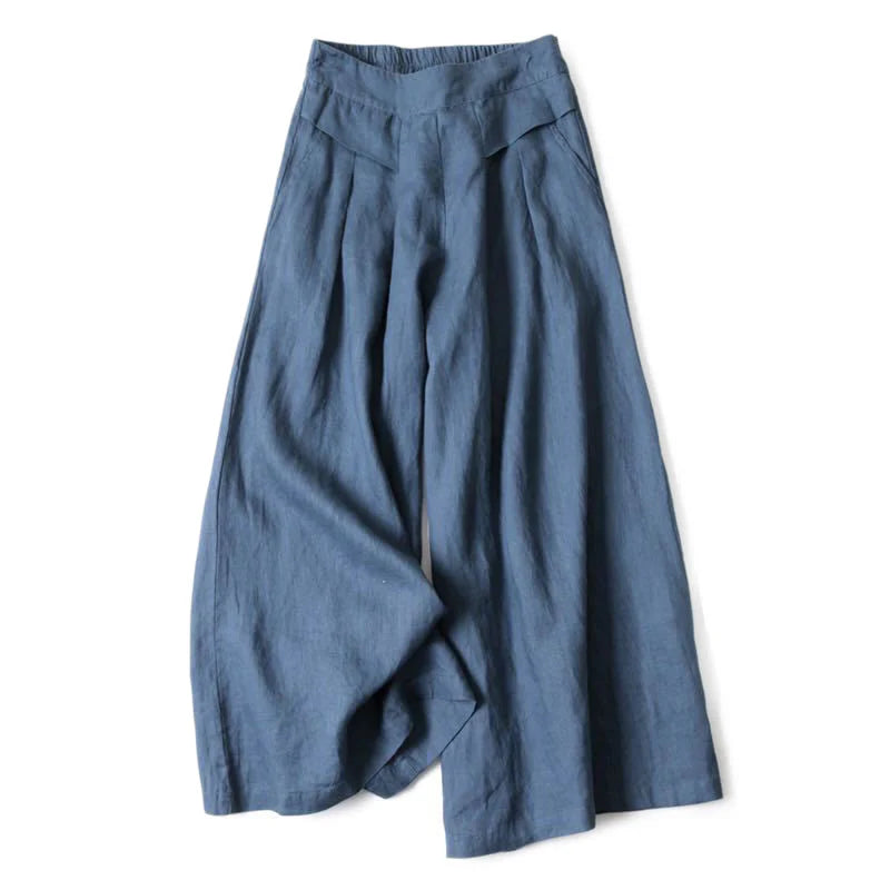 Buddha Stones Plain Color Cotton Linen High Waist Wide Leg Pants With Pockets